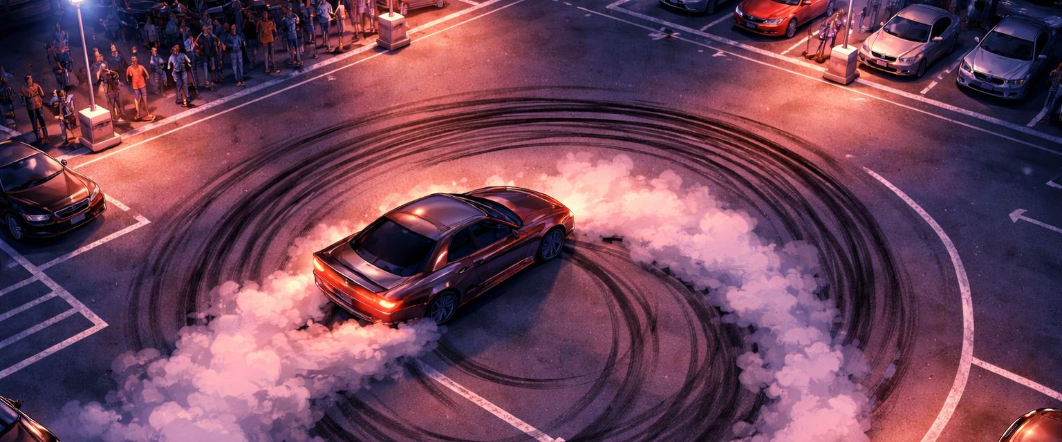 Illustration of a car drifting in a circle at night, tire smoke rising from the marks it leaves on the pavement.