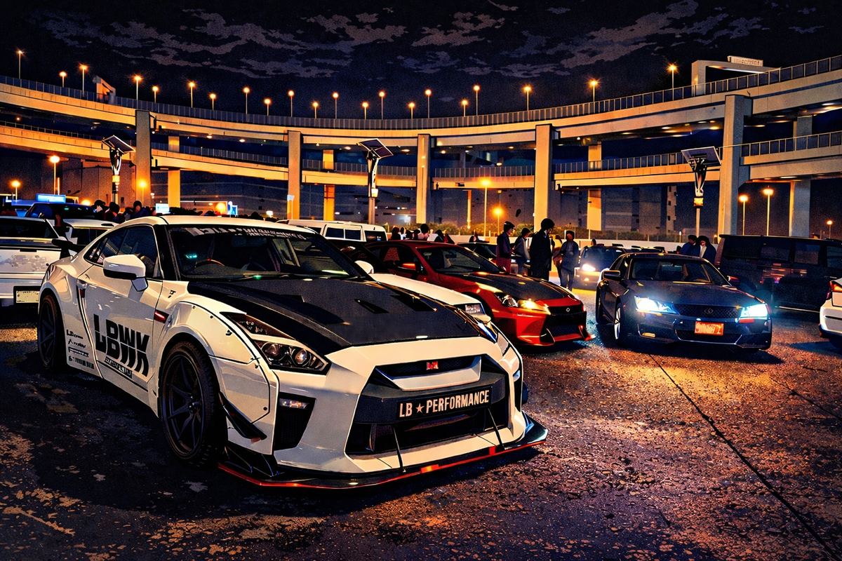 Illustration of a late-night car meet beneath a curving highway interchange.