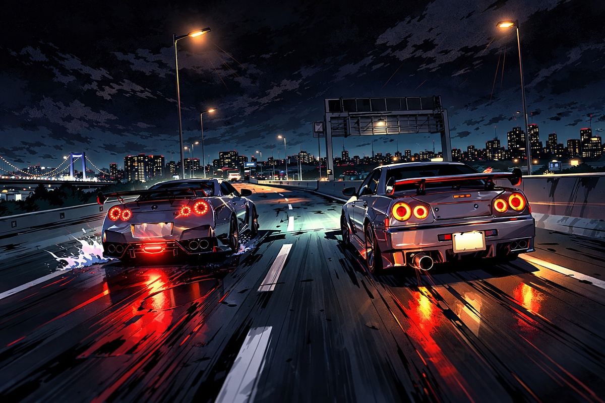 Illustration of two sports cars running side by side on an elevated highway at night, city lights behind them.