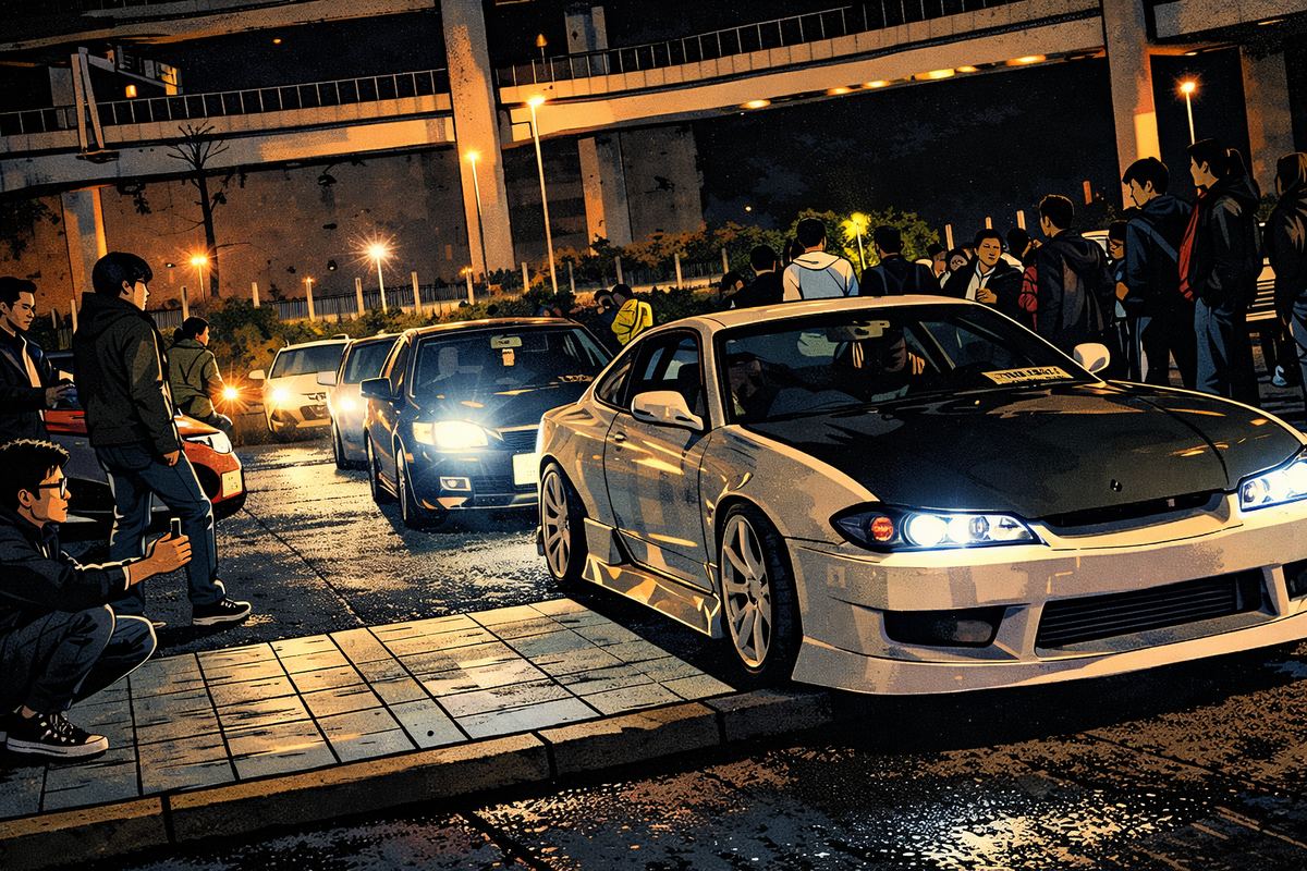 Illustration of drivers gathered around their cars at a roadside meet under an overpass.