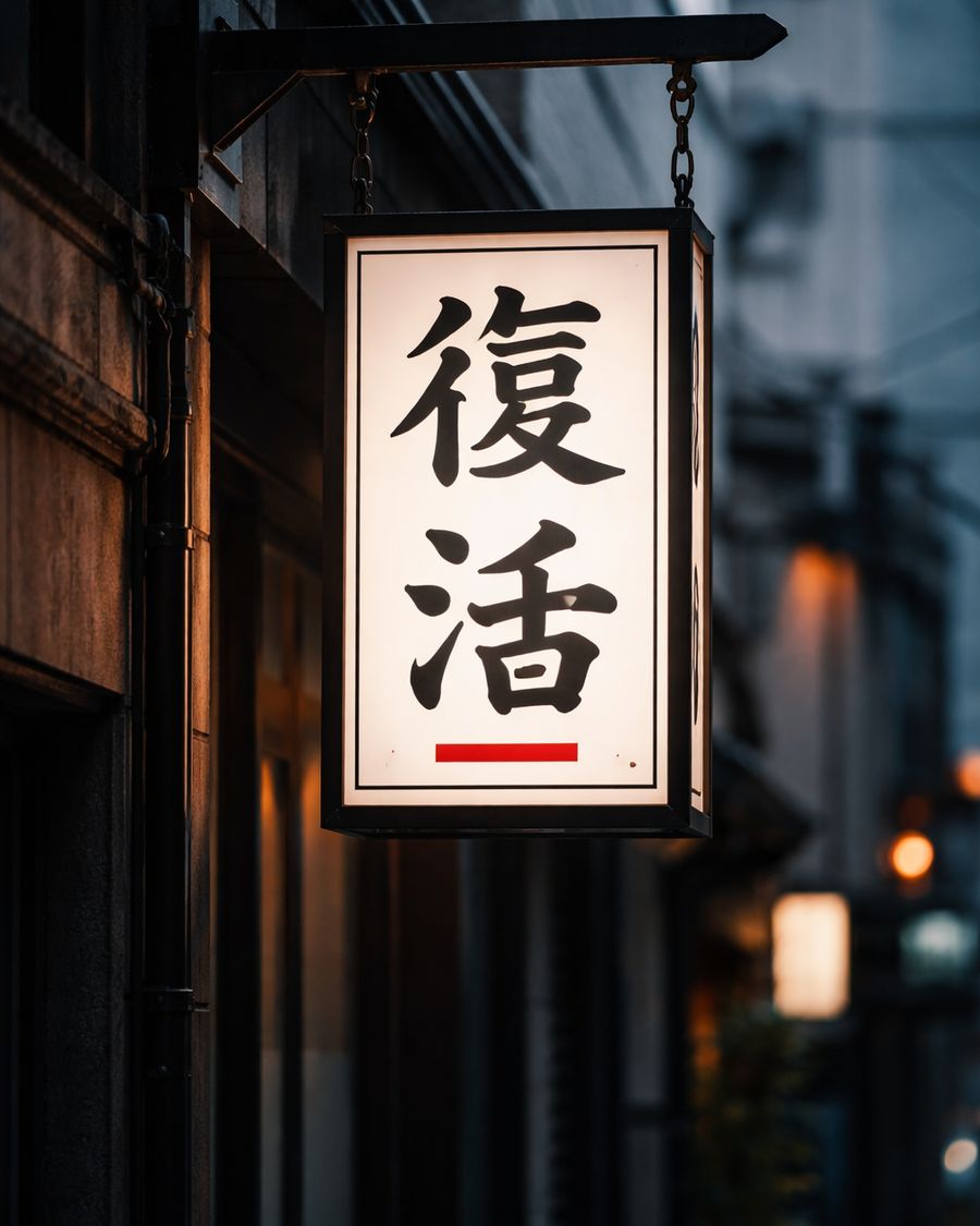 A lit hanging sign on a dark street reading 復活, Japanese for revival.